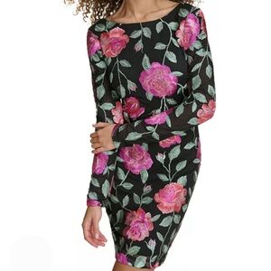 Siena Dress 4 Black Floral Roses Bloom Embroidered Mesh Bodycon Mini New $138